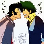  1girl 2boys :3 black_hair blush_stickers cowboy_bebop creator_connection crossover dandy_(space_dandy) dress_shirt edward_wong_hau_pepelu_tivrusky_iv eye_contact formal green_hair looking_at_another meow_(space_dandy) multiple_boys muu_(muu_146) necktie pompadour shirt space_dandy spike_spiegel suit translation_request 