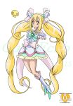  1girl absurdly_long_hair anniversary arms_behind_back arudebido blonde_hair boots bow brooch character_name choker copyright_name creature cure_echo earrings frills fuu-chan_(precure) hair_ribbon jewelry knee_boots long_hair magical_girl precure precure_all_stars_new_stage:_mirai_no_tomodachi ribbon sakagami_ayumi skirt smile twintails very_long_hair white_background yellow_eyes 