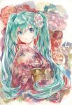  1044kiro 1girl absurdres acrylic_paint_(medium) flower graphite_(medium) green_eyes green_hair hair_flower hair_ornament hatsune_miku highres japanese_clothes kimono long_hair obi sash solo traditional_media twintails vocaloid watercolor_(medium) 