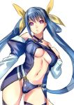  1girl black_panties blue_hair breasts center_opening choker detached_sleeves dizzy dodai_shouji guilty_gear hair_ribbon hair_rings long_hair navel panties pink_eyes ribbon solo thighhighs twintails underwear very_long_hair 