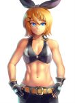  1girl abs bare_shoulders belt blonde_hair blue_eyes crop_top frown gloves hair_ornament hair_ribbon hairclip kagamine_rin looking_at_viewer midriff muscle navel ribbon short_hair solo vocaloid yilx 