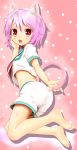  1girl absurdres animal_ears barefoot cat_ears cat_tail full_body halter_top halterneck hand_on_own_cheek highres kantai_collection looking_at_viewer looking_back midriff neckerchief open_mouth personification pink_background polka_dot polka_dot_background purple_hair red_eyes school_uniform serafuku shiron_(e1na1e2lu2ne3ru3) short_hair short_sleeves shorts solo tail tama_(kantai_collection) 