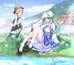 2girls arm_support armpits blonde_hair blue_eyes blue_sky breasts clouds daisy detached_sleeves flower frog_hair_ornament gohei green_eyes green_hair hair_ornament hair_ribbon hair_tubes hat hoshibuchi knees_up kochiya_sanae leaf long_hair long_sleeves looking_at_viewer looking_up moriya_suwako mountain multiple_girls open_mouth outdoors payot petals raised_hand reclining ribbon short_hair sitting skirt skirt_set sky smile snake_hair_ornament socks stairway stream stump thighhighs torii touhou