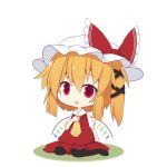  1girl ascot beni_shake black_hair blonde_hair bow chibi commentary_request flandre_scarlet hair_ribbon hat hat_bow looking_at_viewer mob_cap open_mouth pantyhose red_eyes ribbon side_ponytail sitting solo touhou wariza wings 