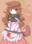  1girl animal_ears apple blush_stickers brooch brown_hair food fruit imaizumi_kagerou jewelry layered_dress long_hair looking_at_viewer open_mouth red_eyes satorichan scarf solo tail tan_background touhou wolf_ears wolf_tail 