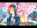  2girls blush couple covering_face fluttershy interview long_hair microphone multicolored_hair multiple_girls my_little_pony my_little_pony_friendship_is_magic open_mouth parody personification rainbow_dash short_hair smile snow snowing special_feeling_(meme) umbrella winter_clothes yuri 