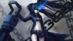  1girl bikini_top black_gloves black_hair black_rock_shooter black_rock_shooter_(character) blue_eyes flat_chest gloves glowing glowing_eye gun hooded_jacket huge_weapon long_hair pale_skin shorts solo stitches twintails uneven_twintails very_long_hair vin_(artist) weapon 
