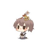  1girl arrow arrow_in_head bell black_eyes blush brown_hair kaga_(kantai_collection) kantai_collection lowres object_on_head rebecca_(keinelove) ribbon short_hair side_ponytail sitting 