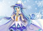  1girl blue_eyes blue_hair cape fingerless_gloves gloves hair_ribbon hand_on_hip hat hatsune_miku highres long_hair looking_at_viewer magical_girl open_mouth reki_(lichk) ribbon skirt snowflakes solo twintails very_long_hair vocaloid wand witch_hat yuki_miku 