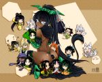  6+girls animal_ears antaria ass black_eyes black_hair blue_eyes blush chi_you chibi chinese chinese_clothes chinese_mythology closed_eyes dark_skin fan green_eyes hair_ornament heart highres journey_to_the_west looking_back multiple_girls no_pupils open_mouth smile tail tie_shan_gongzhu tiger_tail tongue translation_request yellow_eyes yin_yang yu_mian_gongzhu 