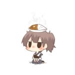  1girl black_eyes blush bowl brown_hair curry curry_rice food kaga_(kantai_collection) kantai_collection lowres object_on_head rebecca_(keinelove) short_hair side_ponytail sitting 