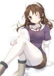  1girl ;) ashigara_(kantai_collection) blush breasts brown_eyes brown_hair elbow_gloves gloves hairband kantai_collection long_hair panties panties_under_pantyhose pantyhose pantyshot pantyshot_(sitting) personification sitting skirt solo underwear white_gloves white_legwear white_panties wink yatsu_(sasuraino) 