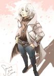  1boy blue_eyes castlevania castlevania:_dawn_of_sorrow hands_in_pockets long_coat looking_up shadow silver_hair solo soma_cruz trench_coat tsunajiru white_hair 