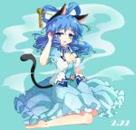  1girl animal_ears blue_background blue_eyes blue_hair breasts cat_ears cat_tail cleavage dated hair_ornament hair_rings hair_stick kaku_seiga kamome kemonomimi_mode sitting solo tail touhou wariza 