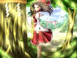  1girl ankle_socks azutan bare_shoulders blue_sky bow breasts brown_hair clouds detached_sleeves expressionless hair_bow hair_tubes hakurei_reimu hand_rest highres leaf long_hair looking_at_viewer payot red_eyes rope shade shide shimenawa skirt skirt_set sky solo torii touhou tree wind 