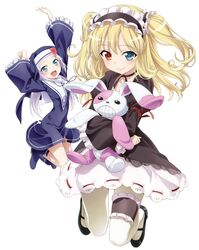  2girls :d absurdres blonde_hair blue_eyes blush boku_wa_tomodachi_ga_sukunai boots choker cover dress dvd_cover fang garters hairband hasegawa_kobato heart heterochromia highres jewelry jumping lolita_fashion lolita_hairband long_hair mary_janes multiple_girls necklace nun official_art open_mouth pantyhose red_eyes ribbon_choker shoes simple_background smile stuffed_animal stuffed_bunny stuffed_toy takayama_maria two_side_up watanabe_yoshihiro white_background white_hair white_legwear wide_sleeves 