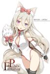  1girl animal_ears bare_shoulders black_legwear blonde_hair blue_eyes bow breasts character_name chestnut_mouth cleavage cleavage_cutout detached_sleeves fang fingerless_gloves frown gloves hair_bow heterochromia kaworu_(1030) long_hair looking_at_viewer mochizuki_izayoi mound_of_venus open_mouth pixiv_fantasia pixiv_fantasia_fallen_kings simple_background solo tail thighhighs very_long_hair violet_eyes white_background wolf_ears wolf_tail 