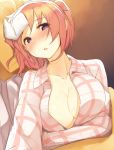  1girl bed blush breasts cleavage looking_at_viewer lying mikakunin_de_shinkoukei nekoume on_back open_clothes open_mouth open_shirt pajamas pink_hair short_hair sick solo sweat towel towel_on_head two_side_up violet_eyes yonomori_kobeni 