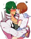  1boy 1girl ? blush brown_hair couple green_hair holding jewelry kill_la_kill mankanshoku_mako necklace roco617 sanageyama_uzu school_uniform serafuku skirt spikes 