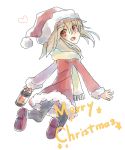  1girl blonde_hair christmas holding lantern looking_at_viewer looking_back pantyhose red_eyes santa_costume scarf short_hair smile solo urotsuki yami_(yamitukiyoru) yume_2kki 