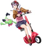  1girl blue_eyes blush boots bowtie frog helmet jacket looking_back miniskirt motor_vehicle motorcycle open_mouth purple_hair quad_tails ribonzu skirt solo sudou_cecil vehicle wizard_barristers:_benmashi_cecil 