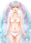  1girl bikini blue_eyes blue_hair hatsune_miku highres long_hair pony_(artist) solo swimsuit twintails vocaloid white_bikini white_swimsuit 