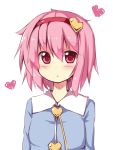  1girl :&lt; blush hairband heart highres komeiji_satori ominaeshi_(takenoko) pink_eyes short_hair solo touhou white_background 