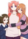  3girls :d blush breasts brown_hair hug long_hair looking_at_viewer mikakunin_de_shinkoukei mitsumine_mashiro multiple_girls nekoume open_mouth orange_hair pink_hair ponytail short_hair siblings sisters smile sweatdrop twintails two_side_up violet_eyes yellow_eyes yonomori_benio yonomori_kobeni 