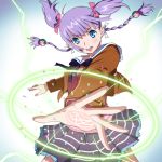  1girl blue_eyes bow hair_bow hair_ornament jacket magic_circle miniskirt open_mouth outstretched_arm purple_hair quad_tails skirt sudou_cecil wizard_barristers:_benmashi_cecil yazwo 