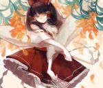  1girl between_fingers black_hair bow clea crossed_arms facing_viewer flower frilled_skirt frills gohei hair_bow hair_tubes hakurei_reimu leaf long_hair looking_to_side ofuda petals ribbon-trimmed_sleeves ribbon_trim skirt solo touhou white_background wide_sleeves yellow_eyes 