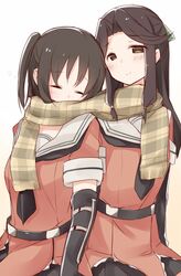  2girls black_hair blush brown_eyes elbow_gloves gloves jintsuu_(kantai_collection) kantai_collection long_hair looking_at_viewer multiple_girls nekoume personification scarf school_uniform sendai_(kantai_collection) serafuku shared_scarf short_hair skirt sleeping smile 