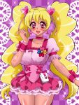  1girl annon_(wtvt) blonde_hair checkered checkered_background choker corset cure_peach earrings fresh_precure! hair_ornament heart_hair_ornament jewelry long_hair magical_girl miniskirt momozono_love pink_eyes pink_skirt precure puffy_sleeves purple_background skirt smile solo sparkle twintails wrist_cuffs 