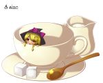  1girl :o blonde_hair braid cream cup hat hat_ribbon highres in_container in_cup kakiikada kirisame_marisa long_hair looking_at_viewer minigirl ribbon saucer simple_background single_braid solo spoon sugar_cube teacup touhou white_background witch_hat yellow_eyes 