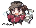  1girl blush brown_eyes brown_hair character_name chibi fang japanese_clothes kantai_collection kariginu long_hair long_sleeves magatama onmyouji open_mouth personification ryuujou_(kantai_collection) scroll shikigami skirt smile solo take_tonbo twintails visor_cap 