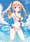  1girl bikini blonde_hair blue_eyes blush bracelet breasts bubble cleavage clouds fang frilled_bikini frills highres jewelry long_hair navel ocean original polka_dot polka_dot_bikini polka_dot_swimsuit sky solo swimsuit swimsuit_under_swimsuit twintails ueno_tomo wading water water_gun 