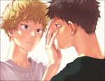  2boys abe_takaya adam&#039;s_apple backlighting blonde_hair brown_eyes brown_hair bust da_kata expressionless eye_contact hand_on_another&#039;s_face looking_at_another male mihashi_ren multiple_boys ookiku_furikabutte open_mouth profile t-shirt white_background 