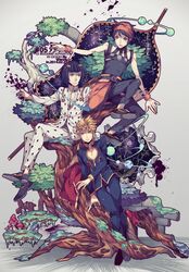  3boys black_hair blonde_hair bobcut bruno_bucciarati giorno_giovanna headband highres jojo_no_kimyou_na_bouken multiple_boys narancia_ghirga tree wenny02 zipper 