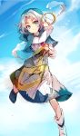  1girl blue_eyes blue_hair blue_sky boots capelet cis_(carcharias) clouds colored dress hood hoop hopeless_masquerade jewelry kesa kumoi_ichirin long_sleeves looking_at_viewer looking_down pendant ring short_hair sketch sky solo touhou 
