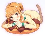  1girl blush brown_eyes cushion lying on_stomach orange_hair ponytail short_hair solo sweater tears thighhighs tokyo_7th_sisters white_background zpolice 