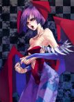  1girl bat bat_print blue_eyes boots checkered checkered_background demon_girl head_wings highres lilith_aensland pantyhose purple_hair short_hair small_breasts succubus tsutsumi_(hipopo) vampire_(game) wings 