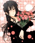  1girl black_hair blush bouquet checkered checkered_background collarbone cross_earrings dutch_angle expressionless flower hair_between_eyes jewelry long_hair looking_at_viewer original red_rose ring rose solo willowonion yellow_eyes 