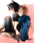  2boys animal_ears black_eyes black_hair blonde_hair casual cat_ears closed_eyes eugeo hug jianmo_sl kirito male multiple_boys short_hair sword_art_online tail 