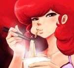  1girl chopsticks close-up eating food lafolie long_hair maison_ikkoku noodles ramen red red_background red_eyes redhead roppongi_akemi smile solo steam 