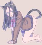  1girl all_fours animal_ears barefoot black_hair cat_ears cat_tail green_eyes highres nagisa_kurousagi original skirt solo tail 