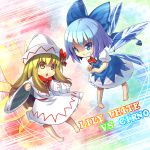  2girls blonde_hair blue_dress blue_eyes blue_hair bow capelet chestnut_mouth cirno commentary_request dress fairy_wings grin hair_bow hat ice ice_wings lily_white long_sleeves multiple_girls open_mouth puffy_sleeves shirt short_sleeves smile touhou umigarasu_(kitsune1963) white_dress wide_sleeves wings yellow_eyes 