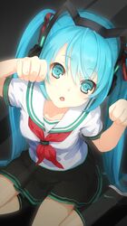  1girl hatsune_miku headphones long_hair open_mouth paw_pose school_uniform serafuku sitting skirt socks solo twintails very_long_hair vocaloid vocaloid_(lat-type_ver) yamano_uzura 