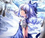  1girl arms_behind_back azutan blue_hair bow cirno clouds cloudy_sky dress dutch_angle grey_eyes hair_bow head_tilt ice ice_wings light_smile looking_at_viewer mountain outdoors puffy_short_sleeves puffy_sleeves short_hair short_sleeves sky snow snowing solo touhou tree wings 
