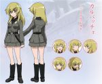  1girl boots carpaccio character_sheet concept_art dress_shirt expressions girls_und_panzer green_eyes green_hair jacket knife long_hair looking_at_viewer military military_uniform official_art open_mouth shirt skirt smile standing uniform 