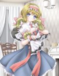  1girl alice_margatroid apron blonde_hair blue_eyes bow box capelet chair closed_eyes curtains doll_hug dress fireplace hair_bow indoors long_hair looking_at_viewer outstretched_hand sash shanghai_doll short_hair smile solo teapot touhou waist_apron window wrist_cuffs yosiaki 