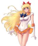  1girl aino_minako bishoujo_senshi_sailor_moon blonde_hair blue_eyes bow choker cowboy_shot earrings elbow_gloves gloves hair_bow half_updo highres jewelry long_hair looking_at_viewer magical_girl sailor_venus shoulder_pads simple_background skirt solo standing thighs very_long_hair white_background wind_lift zzy 